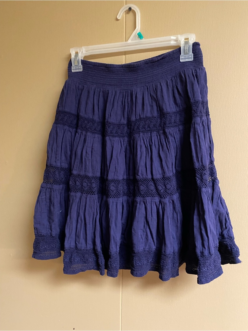 Tiered Navy Blue Crochet-Trim Skater Skirt